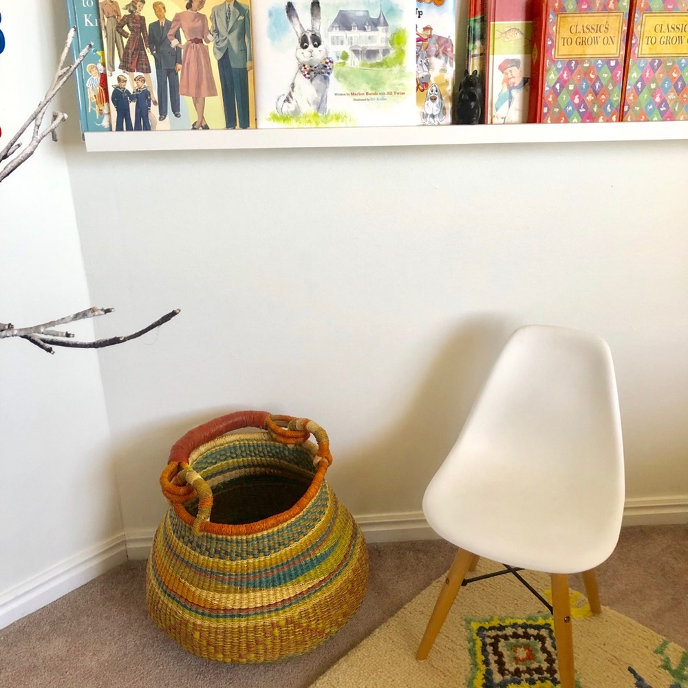 African woven XL basket.  Leather handle.  Modern